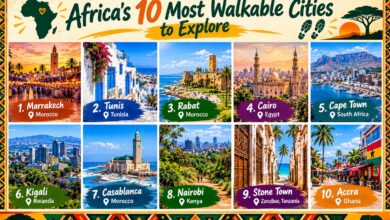 Collage of 10 African cities with notable walking areas, including Marrakech, Tunis, Rabat, Cairo, Cape Town, Kigali, Casablanca, Nairobi, Stone Town in Zanzibar, and Accra.