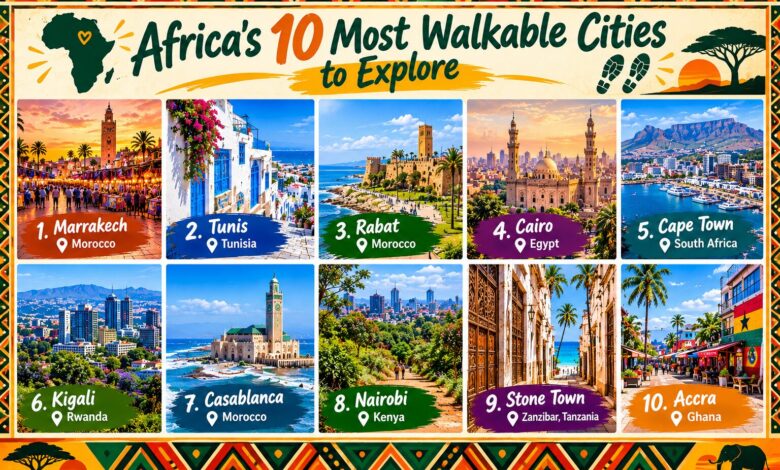 Collage of 10 African cities with notable walking areas, including Marrakech, Tunis, Rabat, Cairo, Cape Town, Kigali, Casablanca, Nairobi, Stone Town in Zanzibar, and Accra.
