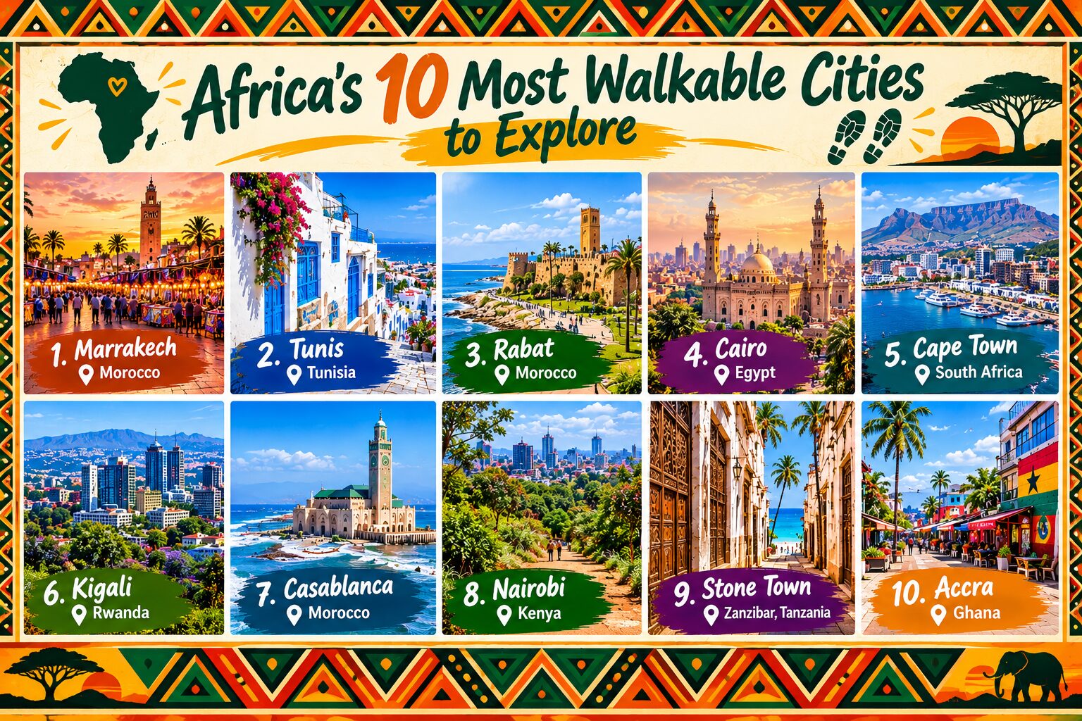 Collage of 10 African cities with notable walking areas, including Marrakech, Tunis, Rabat, Cairo, Cape Town, Kigali, Casablanca, Nairobi, Stone Town in Zanzibar, and Accra.